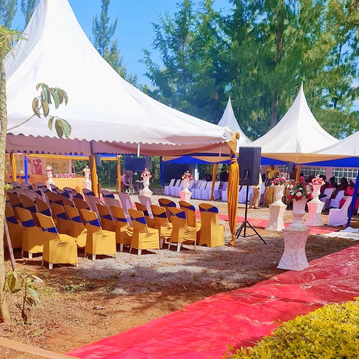 Evening wedding tent illuminated with fairy lights and warm chandeliers